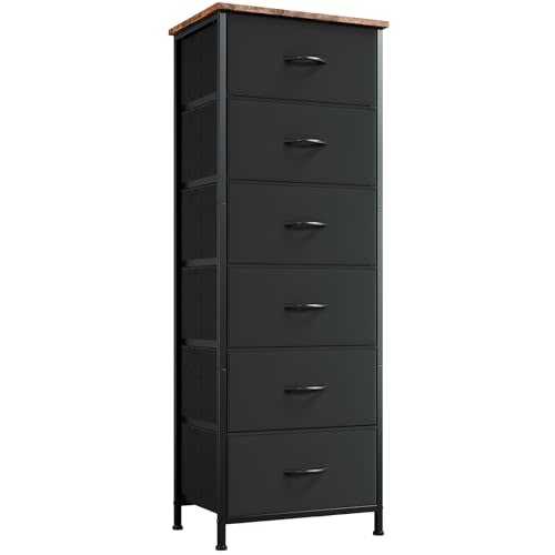 Somdot Tall Dresser for Bedroom with 6 Drawers and Side Pockets, Storage Organizer Chest of Drawers with Fabric Bins for Closet Bedside Nursery Living Room Entryway Hallway, Black Rustic Brown