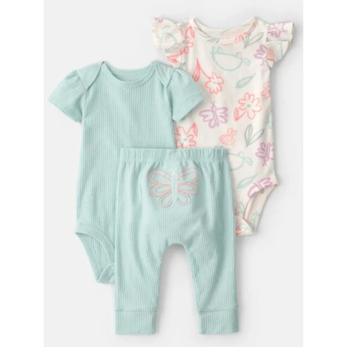 Baby Girl 3-Piece Butterfly Bodysuits & Pant Set - Blue/Ivory | Carter's