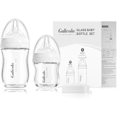 Gulicola Natural Glass Baby Bottle Newborn Set, 3 oz and 5 oz with Extra Slow Flow & Slow Flow Nipple, Anti Colic, 0-3 Months, 2 Pack - White