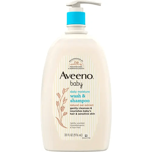 Aveeno Baby Daily Moisture Gentle Bath Wash & Shampoo with Natural Oat Extract, Hypoallergenic, Tear-Free & Paraben-Free Formula for Sensitive Hair & Skin, Lightly Scented, 33 fl. oz