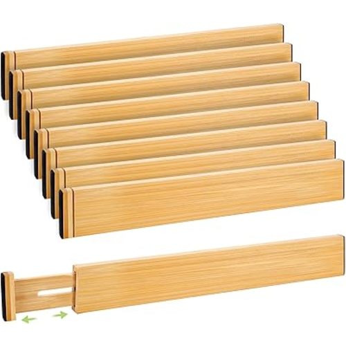 Fyvva Drawer Divider, Adjustable Bamboo Kitchen Drawer Organizer, Spring Loaded Drawer Organizer, Dresser Separators for Kitchen, Bathroom, Clothes, Office Desk Storage (Natural, 8 Pack Large)