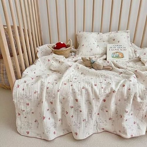 MKXI Swaddling Blankets Nursery Blankets 100% Cotton Cute Bunny Print for Girls Soft Thin Quilt Toddler Blanket Muslin Baby Quilts Lightweight Breathable