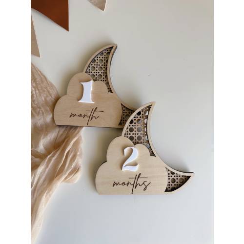Moon Cloud Rattan Baby Milestone | Boho Baby Milestone | Wooden daisy Flower Milestone Disc | Monthly Baby Milestone  Marker | Baby Growth |
