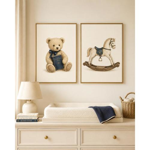 Printable Teddy Bear and Rocking Horse Nursery Art Set of 2, Vintage Nursery Wall Art, Boy Nursery Decor (Digital Download)