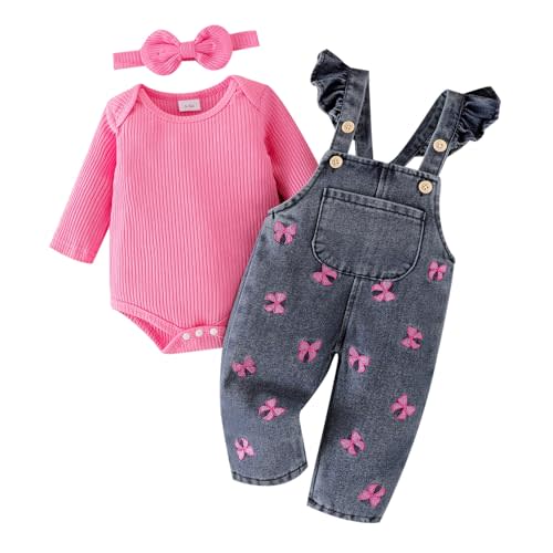 FOCICI Baby Girl Clothes Newborn Romper Infant Jeans Adjustable Suspender Overalls Cute Headband 3Pcs Outfits Set 0-18 Months
