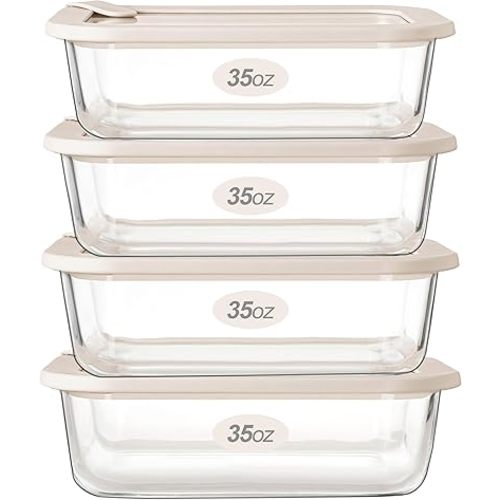 Urban Green Glass Food Storage Containers with Glass Lids, Microwave Safe Food Container Set, Airtight Food Container Set, LeakProof, 100% Plastic Free, White Color, 4pack