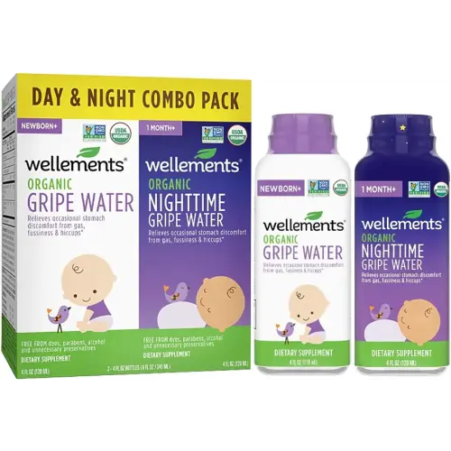 Wellements Organic Baby Gripe Water, Day & Night Combo Pack | Relieves Occasional Stomach Discomfort from Baby Gas, Colic, Hiccups and Fussiness | USDA Certified Organic (Pack of 2, 4 Fl Oz Bottles)