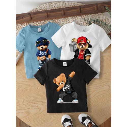 SHEIN 3pcs ModeFlare Wear Cool Bears Baby Boy Casual Simple Cartoon Pattern Short Sleeve Round Neck T-Shirt, Summer