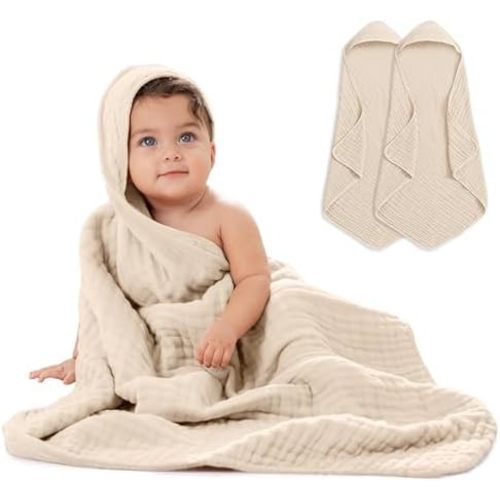 Comfy Cubs Hooded Baby Towel 2-Pack, Large 32 x 32 Inch - 6 Layer 100% Muslin Cotton for Babies, Toddlers and Kids - Soft & Absorbent Baby Bath Towels - Unisex Design for Bath Time - Sand