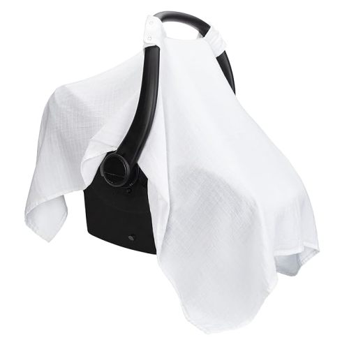 Comfy Cubs Baby Car Seat Cover - Soft, Breathable Bamboo Rayon and Muslin Cotton Blend - Lightweight Canopy for Sun, Bug, and Comfort Protection - Large Size Infant Seat Cover in White Design