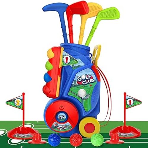 SUPER JOY Toddler Golf Set with Mat, Kids Golf Cart with 4 Clubs & 8 Balls, Indoor Outdoor Golf Toys for Boys Girls, Mini Golf Birthday Gifts for Baby 3-5 Years Old