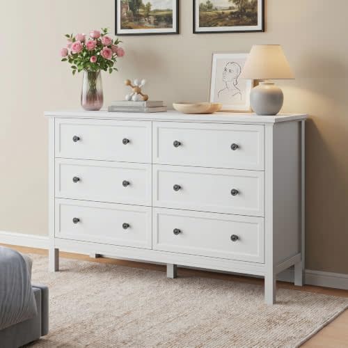 CARPETNAL White Dresser for Bedroom, 6 Drawer Dresser with Wide Drawer and Metal Handles, Wood Dressers & Chests of Drawers for Hallway, Entryway.