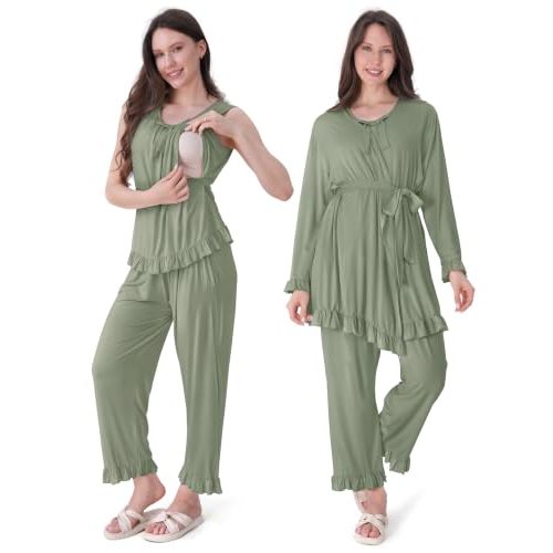 SUNNYBUY 3 PCS Ruffle Maternity Nursing Pajamas Set & Robe for Postpartum | Breastfeeding Tank Top with a Cute Bow, Pregnancy Pants & Robe, Hospital Bag Essential PJs