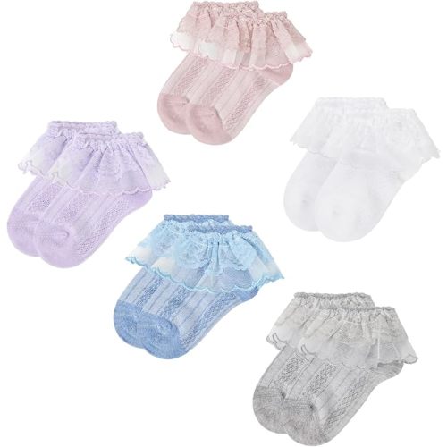 Durio 5 Pairs Infant Socks 0-3 - Cute Frilly Ruffle Socks for Girls, Super Soft Breathable Lace Ankle Sock for Newborn to Toddler Dress Sock for Girls A3 Purple&White&Beige&Pink&Blue 0-12 Months
