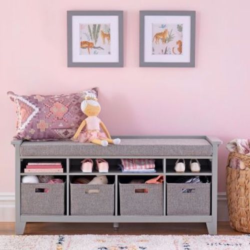 Martha Stewart Kids' Storage Bench - Sharky Gray: Children's Wooden Playroom Bookshelf Reading Nook And Toy Organizer With Fabric Bin