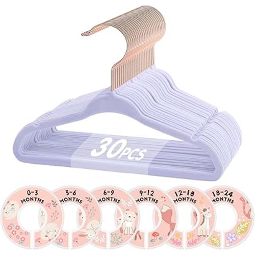 VIS'V Baby Hangers, 11 Inch Velvet Kids Hangers with 6 Pcs Clothes Size Dividers, Infant Toddler Nursery Closet Organization, Non Slip, Lavender, 30 Pcs