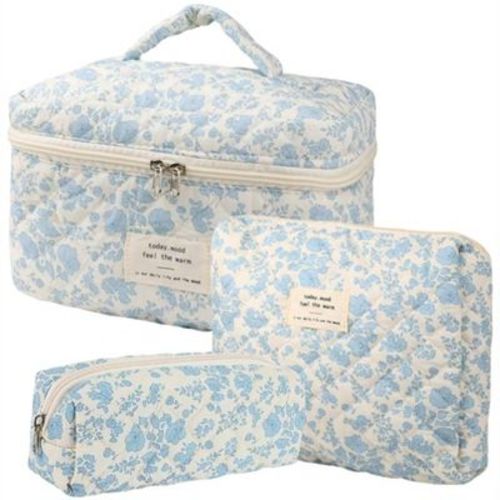 Narwey 3Pcs Cotton Quilted Makeup Bag Set, Cute Floral Makeup Bags
