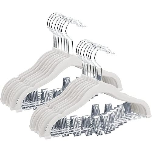 ManGotree 11.8'' Baby Velvet Hangers with Movable Clips, Non-Slip Kids Clothes Hangers, Ultra-Thin Space-Saving Children's Felt Hangers for Shirts, Pants, Dresses, Skirts, Jackets (16 Pack, White)