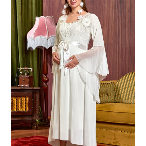 Velvet Lace Detailed Maternity Robe Ecru - 25134