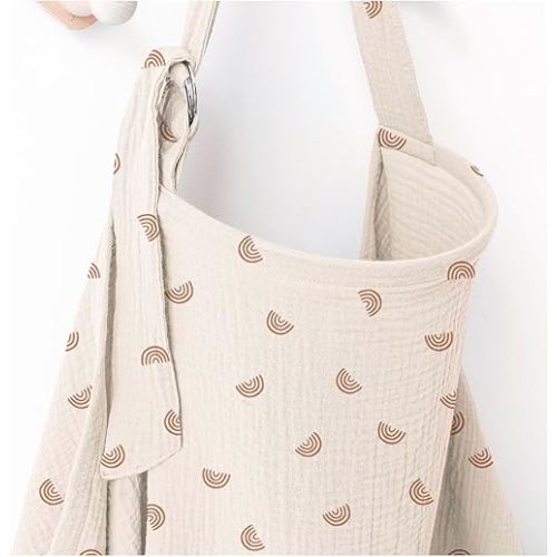 Qunlions life Muslin Nursing Covers for Breastfeeding, Privacy Breast Feeding Cover with Arch Neckline for Mom and Baby, Breathable 100% Cotton Nursing Apron Multi-use Stroller Cover (Ivory Rainbow)