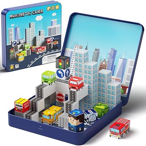 Gamcrown City Traffic Magnetic Blocks Set,Child-Safe STEM Toys with Fully Encased Magnets Non-Toxic & Choking-Proof Travel Learning Gift for Ages 3-8 Car/Airplane Toddler Toy Birthday (49 PCS)