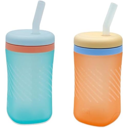 The First Years Silicone Squeeze & Sip Straw Cup - Spill-Proof Toddler Training Cups - Dishwasher Safe - Orange and Blue - 7 oz - 2 Count - Ages 6 Months+