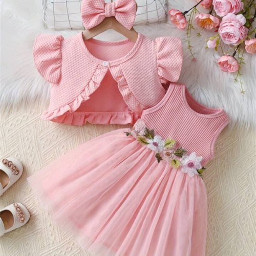 Baby Girl Summer Sweet Sleeveless Floral Embroidered Mesh Contrast Dress And Cap Sleeve Ruffle Hem Top Set