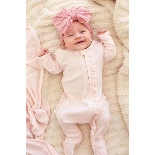 Pearl Pink Bamboo Waffle Ruffle Zipper Footie