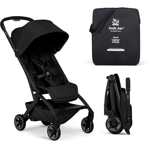 Joolz Aer2 Lightweight Travel Stroller for Baby & Toddler – One-Hand Fold, Compact Carry-On Airplane Approved, Reclining Seat, UPF 50+ Canopy, Travel Pouch, Baby Net – Space Black