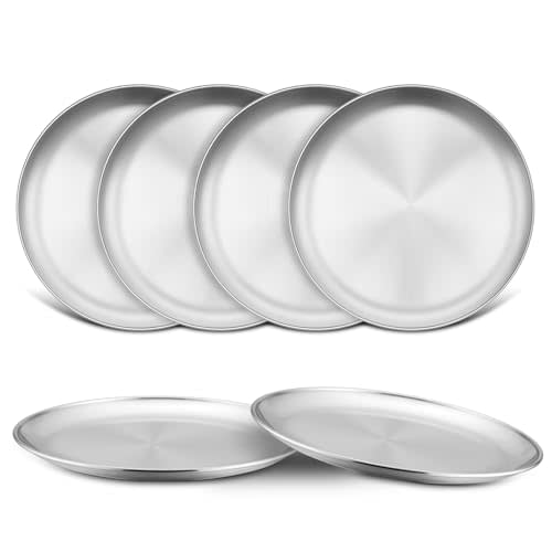 TeamFar Kids Plates, 6 PCS Stainless Steel Baby Dinner Plates Set, 8 Inch Toddler Metal Dishes, Unbreakable Dishes for Camping Serving Party, Non Toxic, Matte Finished & Dishwasher Safe, Silver