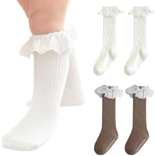 Infant Frilly Baby Girls Knee High Socks Newborn Thigh Lace Ruffle Long Socks Toddler Tights Stockings 6-12 Months