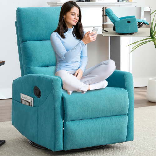 Rocking Recliner Chair, 360° Swivel Rocker Recliner for Adults, Glider Rocking Chair Nursery, Comfortable Lazy Chair Glider Rocker Recliners for Lazy People, Pregnant Women (Blue)