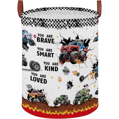 Monster Trucks Laundry Hamper Basket Kid Gift Toy Bin Empty Car Nursery Decor Hamper,Storage Basket Collapsible Clothes Book Organizer Bin for Boy,Christmas Gift (Monster Trucks-Fire)