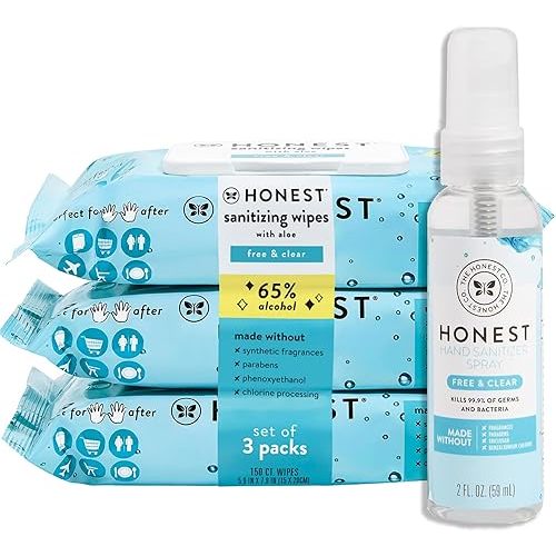 The Honest Company Fragrance Free Sanitizing Alcohol Wipes and Hand Sanitizer Spray Bundle | Antibacterial and Safe for Hands | Kills 99% of Germs | 150 Count (3 packs of 50), 2 fl oz