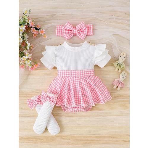 1pc Baby Girl Cute Comfortable Short Sleeve Ribbed Patchwork Romper With Leg Warmers And Headband, Thin Summer Style | SHEIN USA