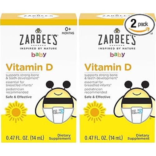 Zarbee's Vitamin D Drops for Infants,400IU (10mcg) Baby & Toddler Liquid Supplement,Newborn & Up,Dropper Syringe Included,0.47 Fl Oz,(Pack of 2)