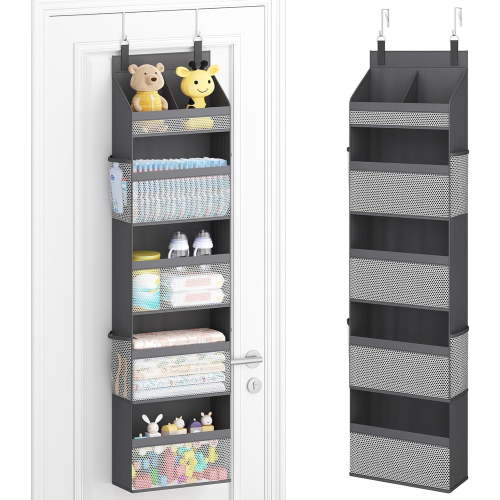 5 Tier Over the Door Diaper Organizer for Nursery, Large Heavy Duty Hanging Storage with 4 Mesh Side Pockets, Sturdy Back of Door Shelf for Baby Stuff Toy in Pantry, Laundry, Bathroom, Gray