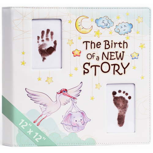 Leather-Bound Baby Memory Book - Loose-Leaf Baby Scrapbook Album with Ink Pads for Footprints