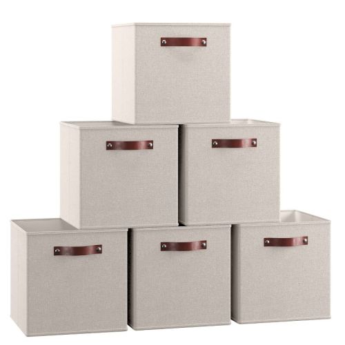 Ornavo Home 6 Pack Linen Fabric Storage Cube Bin with Faux Leather Handles - 13 Inch - Beige