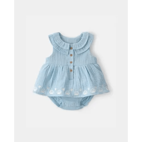 Size 3mo - Baby Girl Shell Embroidered Gauze Bodysuit Dress - Blue | Carter's