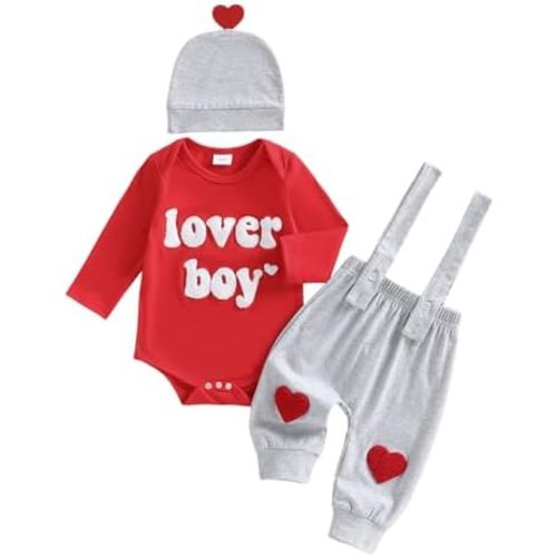 Newborn Baby Boy Valentine's Day Outfit Lover Boy Romper Bodysuit Jumpsuit Suspender Pants Set Hat Infant Clothes