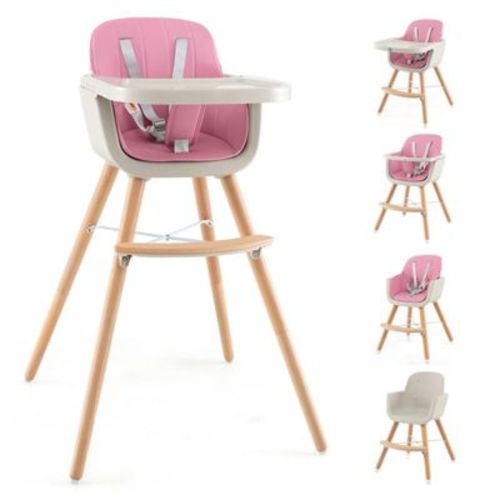 3-in-1 Convertible Wooden Baby High Chair with Adjustable Tray and Cushion Pink