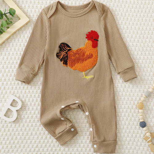 Luxalzxs Newborn Infant Baby Boy Girl Rooster Embroidery Onesie Fall Ribbed Knit Romper Farm Chicken Bodysuit Jumpsuit One Piece Winter Outfit 0-18 Months
