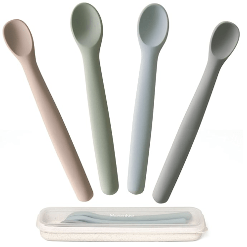 Moonkie Silicone Baby Spoons Set of 4, Toddler Spoons for Self Feeding 6 Months, Two Sizes Feeding Spoons for First Stage 4+ Months, Infant, Baby Utensils with Case, Bendable, Chewproof & Boil-proof