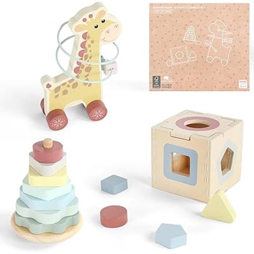 FReniland Montessori Toys for 1 Year Old,3-in-1 Wooden Baby Toys,Wooden Stacking Toy,Toddler Shape Sorting Cube, Giraffe Ring Toy,Newborn Baby Gift Sets for Boys and Girls