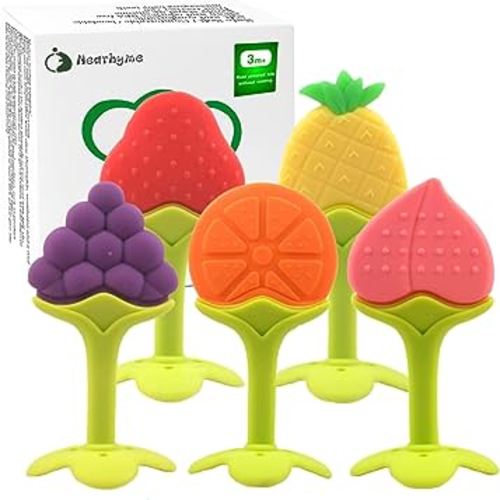 Baby Teething Toys, Soft Silicone Fruit Teether Set with Pacifier Clip/Holder for Toddlers & Infants, 5 Pack