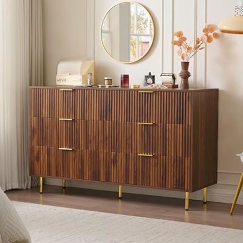 Fluted 6 Drawers Dresser for Bedroom Closet, 56" Wide Wood Chest of Drawers Gold Handle, Mid Century Modern Storage Organizer Dressers for Living Room, Hallway, Dark Walnut