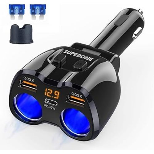 [2025 Upgraded] Cigarette Lighter Splitter, SUPERONE 180W 2-Socket Cigarette Lighter Adapter with Dual QC3.0 and 20W PD USB C Car Charger Splitter for GPS/Dash Cam/Laptop/iPad/iPhone 17/16/15/14/13/12