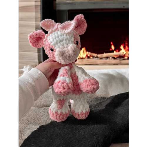 Strawberry Milk Cow, crocheted pink cow with bow, handmade amigurumi, cow plushie, cute farm animal gift, soft pink cow, stuffed toy, bow