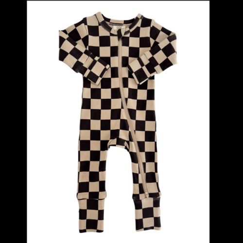 Tiramisu/Black Checkerboard / Organic 2-Way Zip Romper || Foxy's